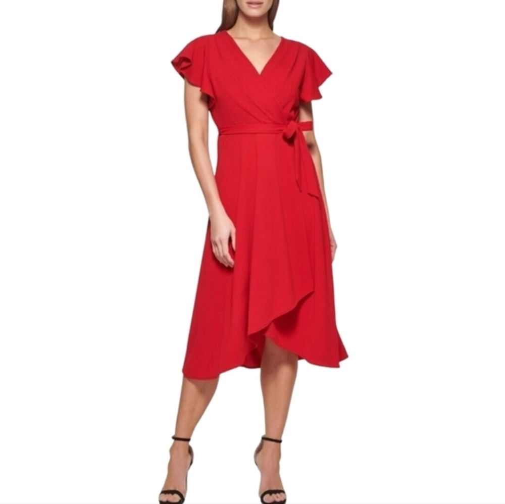 DKNY Womens Red Faux Wrap Flutter Sleeve High Low Ruffle Midi Dress Size 14 NEW